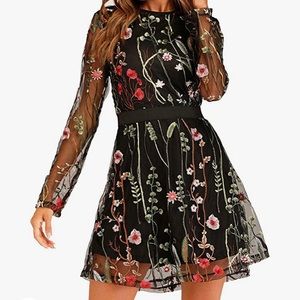 XL Milumia Women's Floral Embroidery Mesh Round Neck Tunic Party Dress